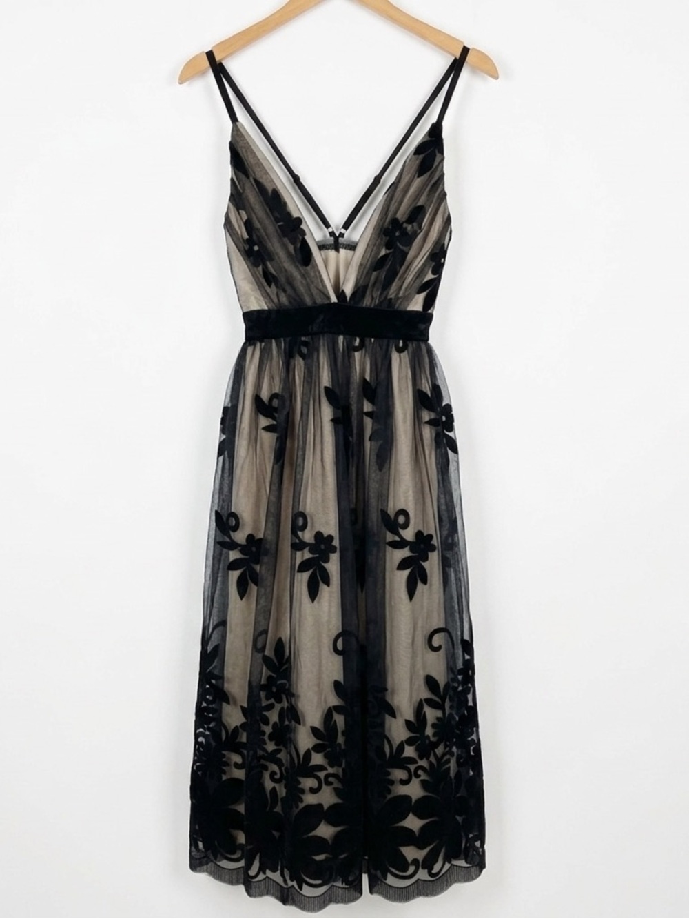 VENUS Black Velvet Floral Tulle Midi Dress - Size 2 - Gothic Romantic Boho